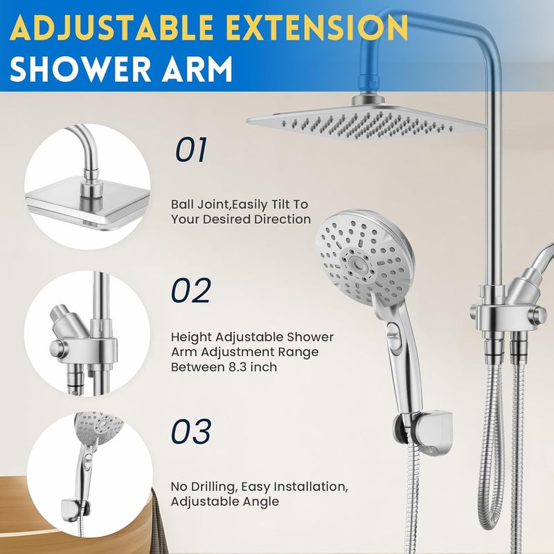 Ryamen Dual Shower Head Combo, 8'' High Pressure Rain Shower Head with Handheld Spray, 6 Settings Handheld Showerhead, 15" Height Adjustable Slide Bar, Angle Adjustable, Chrome Polished - Image 5